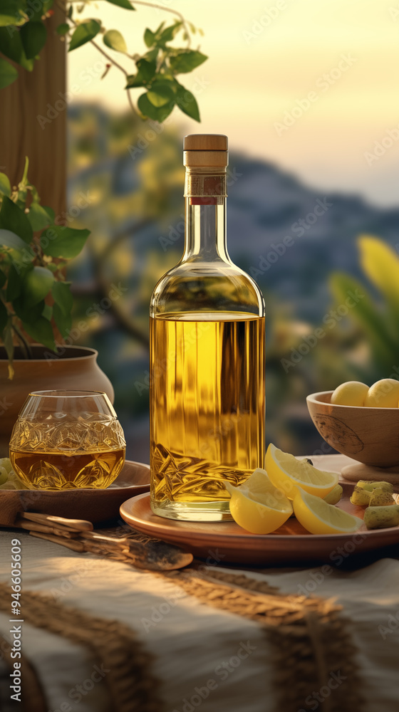 Bottle cup filled with drink and fruit, dining table, quiet environment background, still life Bottle cup filled with drink and fruit, dining table, quiet environment background, still life