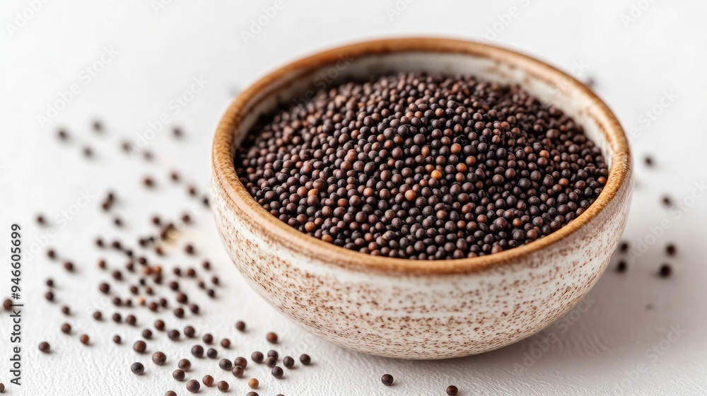Close-up of mustard seeds piled in a small ceramic dish, with a few scattered around on a white background, no people. Close-up of mustard seeds piled in a small ceramic dish, with a few scattered around on a white background, no people.
