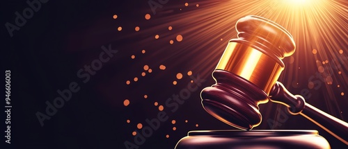 Judge s gavel bathed in bright rays of light, representing justice and integrity, positioned to the right, dark gradient background, with copy space for text on the left photo