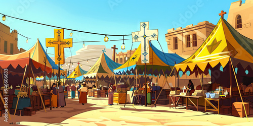 A bustling frontier town marketplace, vendors selling wares from colorful tents adorned with religious symbols, such as crosses and stars of David photo