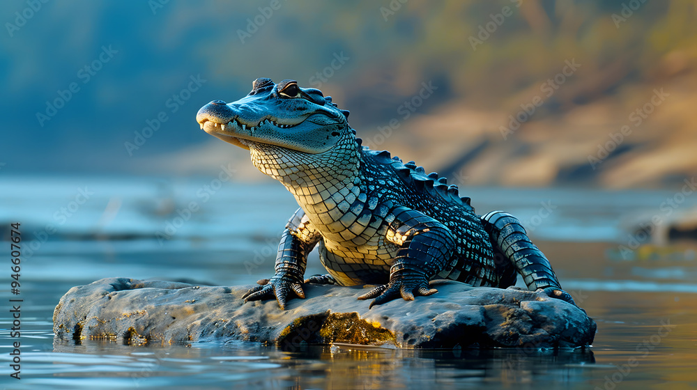 A crocodile rests on a rock surrounded by calm water, basking in the soft morning light. The tranquil landscape adds to the beauty of this wildlife moment. A crocodile rests on a rock surrounded by calm water, basking in the soft morning light. The tranquil landscape adds to the beauty of this wildlife moment.