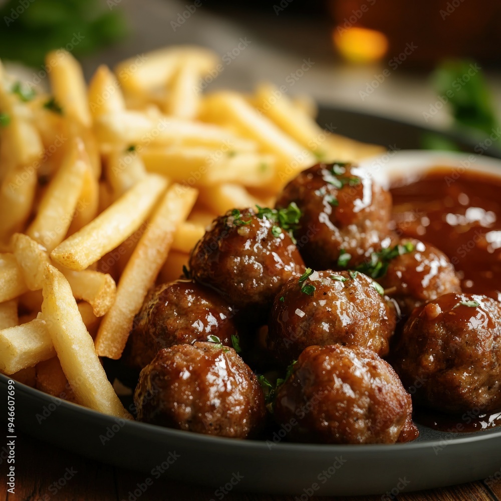 Tasty meatballs with fries and sauce served on a plate in a cozy setting Tasty meatballs with fries and sauce served on a plate in a cozy setting