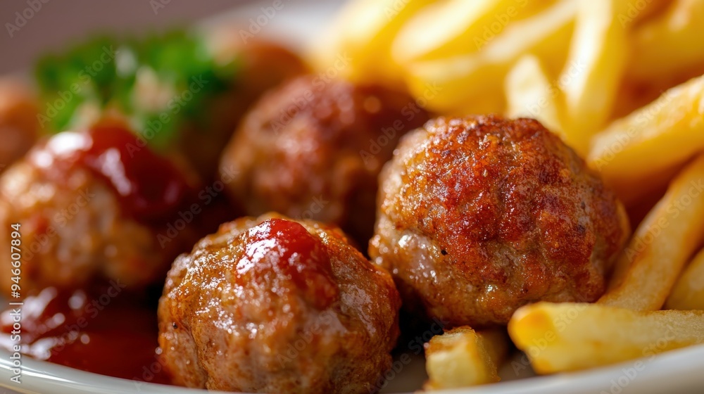 Delicious meatballs served with crispy fries and tangy sauce Delicious meatballs served with crispy fries and tangy sauce