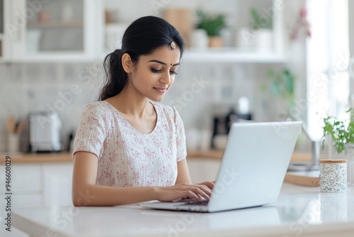 A young indian woman, dressed in a light pink outfit, is sitting in a bright kitchen, focused on working on her laptop. The kitchen has a fresh, airy atmosphere with potted plants and modern deco