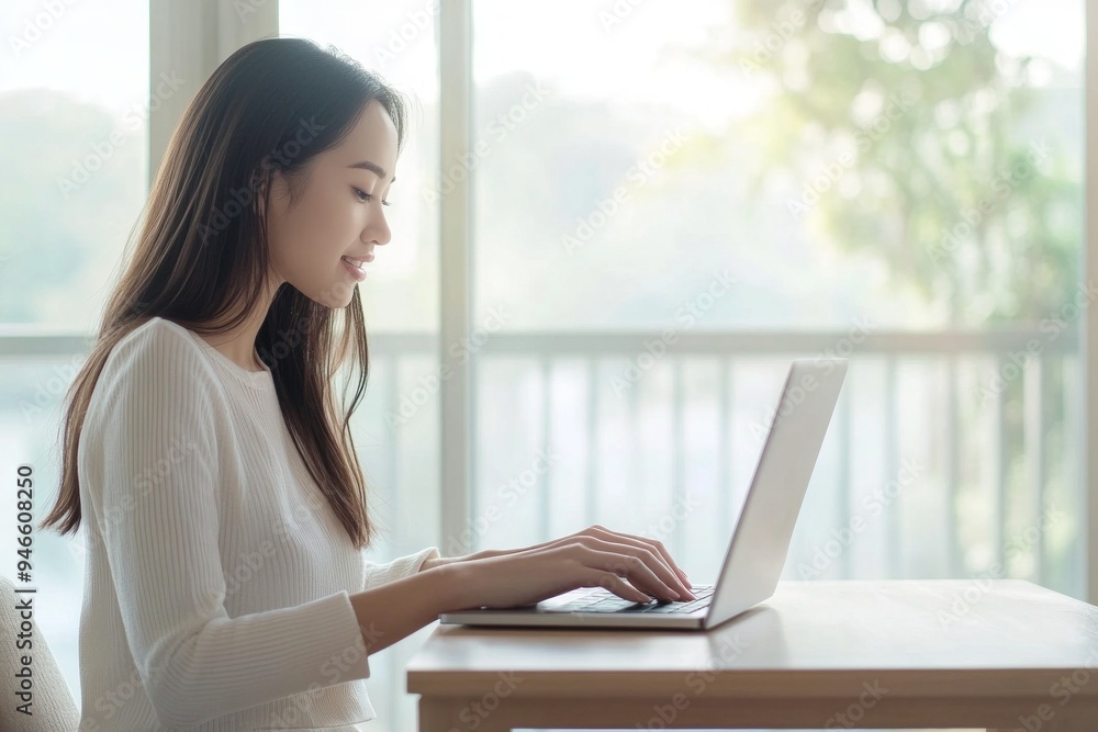 One young Asian woman sitting at a wooden table and working on a laptop in a bright, natural-lit room. She is dressed in a light sweater and appears focused and content. The background shows large win One young Asian woman sitting at a wooden table and working on a laptop in a bright, natural-lit room. She is dressed in a light sweater and appears focused and content. The background shows large win