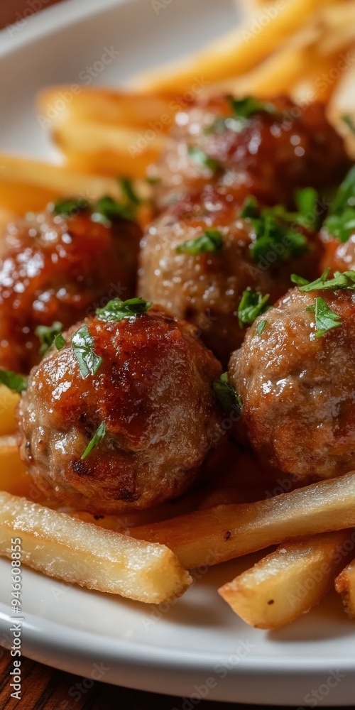 Delicious meatballs served with golden fries on a rustic wooden table Delicious meatballs served with golden fries on a rustic wooden table