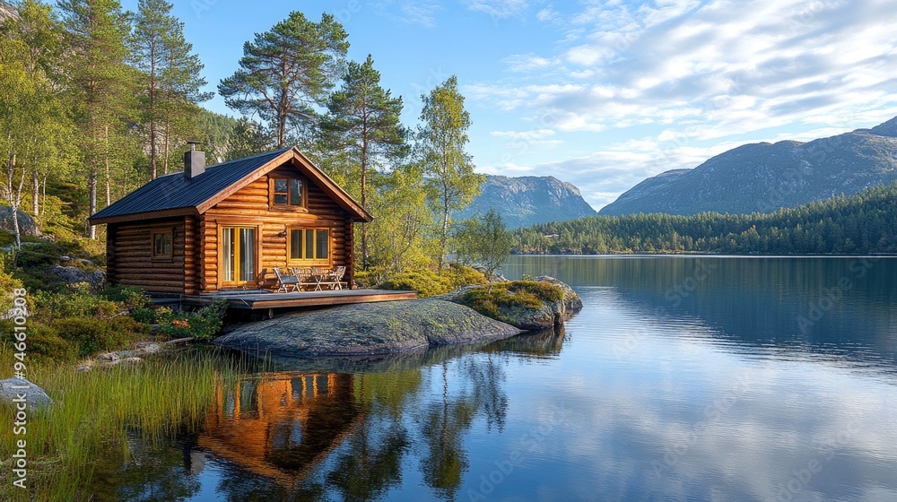 Fototapeta premium Wooden cabin reflecting on tranquil lake with misty mountains