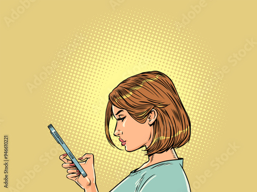 The girl looks seriously at the phone. Communication through social networks. Searching for information on websites.