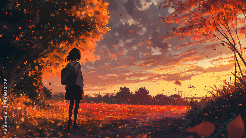 Fototapeta premium Cozy Autumn School Girl Manga Art Illustration