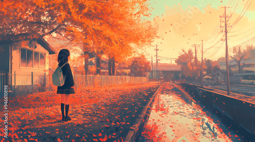 Wallpaper Mural Cozy Autumn School Girl Manga Art Illustration Torontodigital.ca