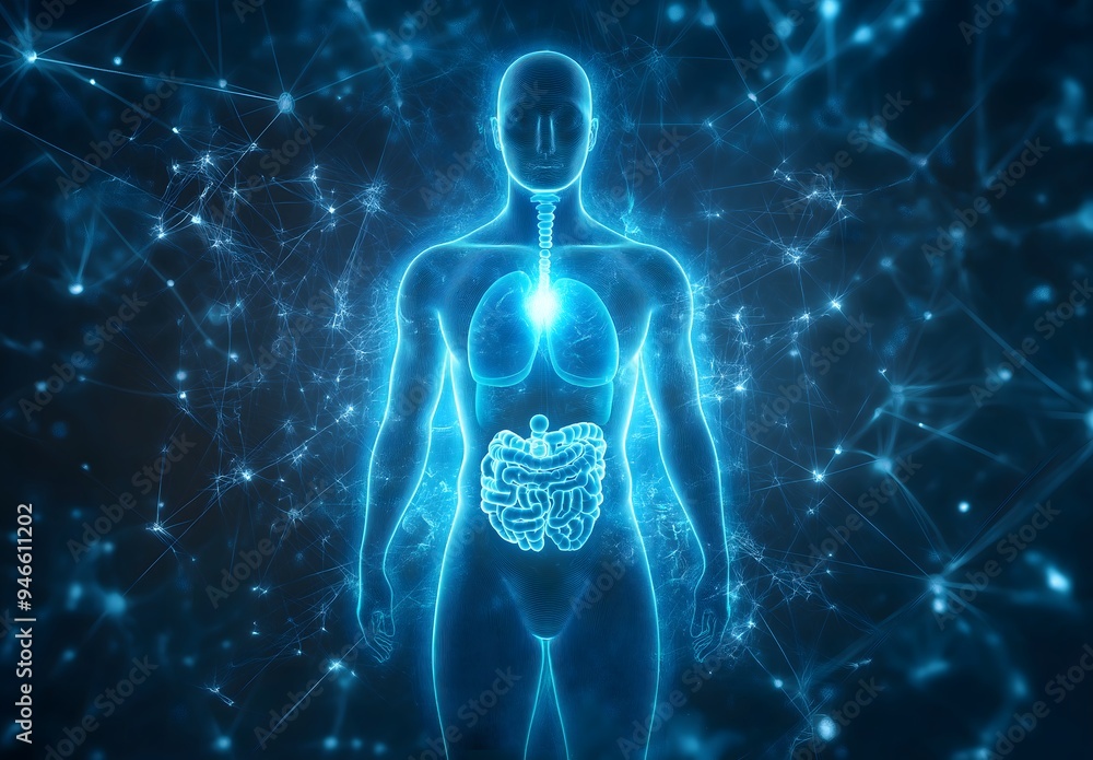 a glowing, blue holographic representation of a human body with visible internal organs, set against a background of interconnected neural-like networks. a glowing, blue holographic representation of a human body with visible internal organs, set against a background of interconnected neural-like networks.