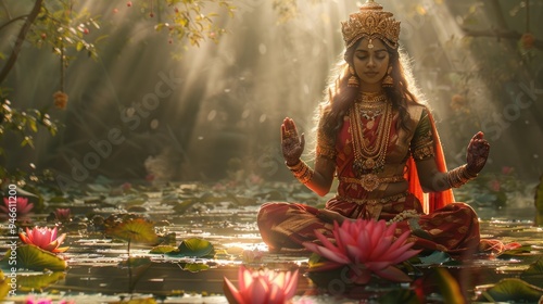 Beautiful indian woman dressed as lakshmi goddess of wealth meditating on golden coins and lotus flowers photo