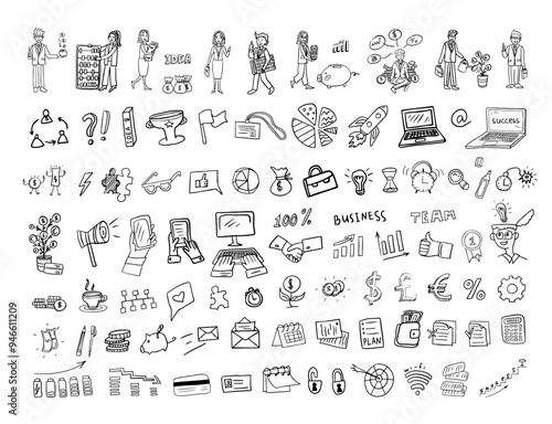 Large set of business elements in doodle style.  Vector illustration of happy business people, success, start-up, team, good idea. Great for banner, posters, cards, stickers and professional design.