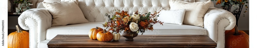 Cozy autumn living room with pumpkins and seasonal decor centerpiece Cozy autumn living room with pumpkins and seasonal decor centerpiece