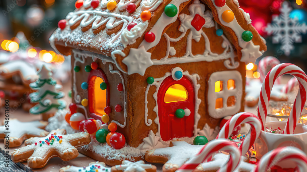Obraz premium Christmas gingerbread house with candy decorations