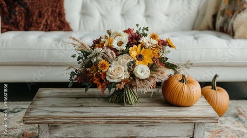 Autumn floral arrangement on rustic table with pumpkins in cozy living room photo