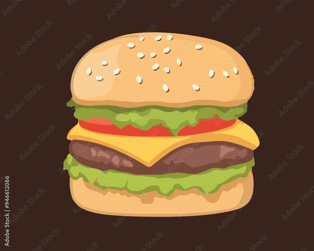 A flat vector illustration of a classic cheeseburger. The burger includes a sesame seed bun, lettuce, tomato, cheese, and a beef patty. A flat vector illustration of a classic cheeseburger. The burger includes a sesame seed bun, lettuce, tomato, cheese, and a beef patty.