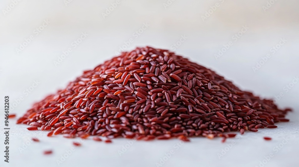 Close-up of red rice grains neatly piled in a small mound on a white surface, highlighting their vibrant color and natural texture, no people. Close-up of red rice grains neatly piled in a small mound on a white surface, highlighting their vibrant color and natural texture, no people.
