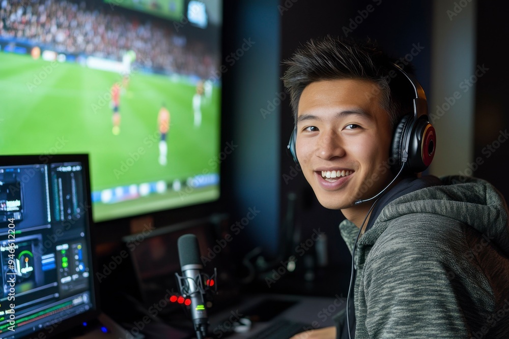 A smiling man in headphones watches a soccer game on a screen A smiling man in headphones watches a soccer game on a screen