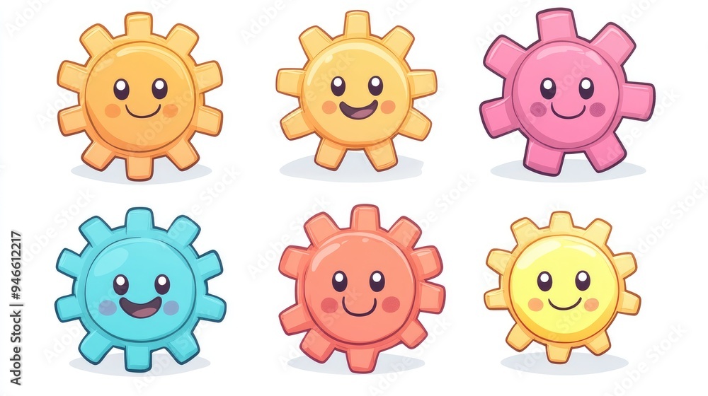 Cute smiling cartoon gears and cogs having fun working together Cute smiling cartoon gears and cogs having fun working together