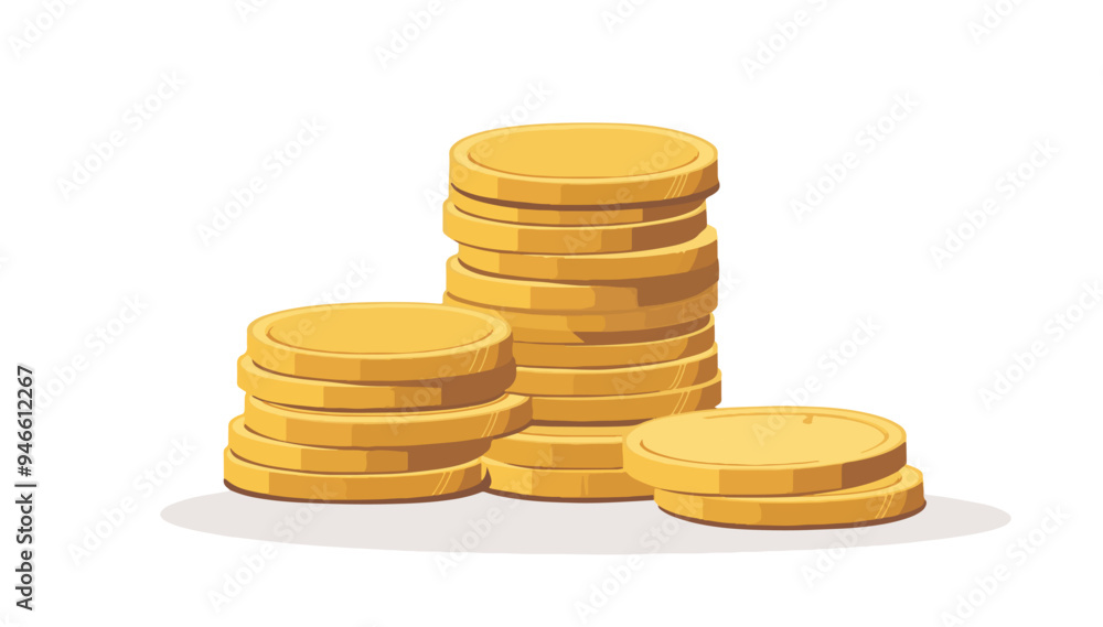 A flat vector illustration of a stack of gold coins. The coins are stacked in several piles, symbolizing wealth and financial success. A flat vector illustration of a stack of gold coins. The coins are stacked in several piles, symbolizing wealth and financial success.