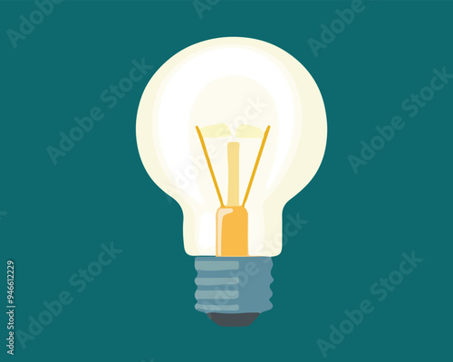 A flat vector illustration of a classic incandescent light bulb. The bulb is turned on, showing a bright yellow glow from its filament.