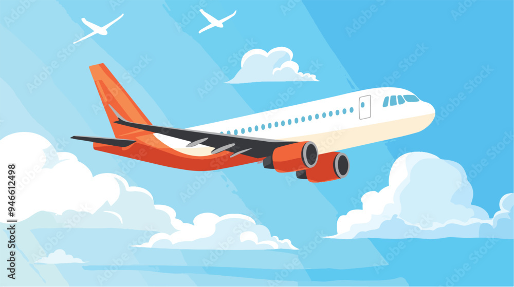 A commercial airplane flying in a clear blue sky, with white clouds surrounding it, isolated in a simple, flat design. A commercial airplane flying in a clear blue sky, with white clouds surrounding it, isolated in a simple, flat design.