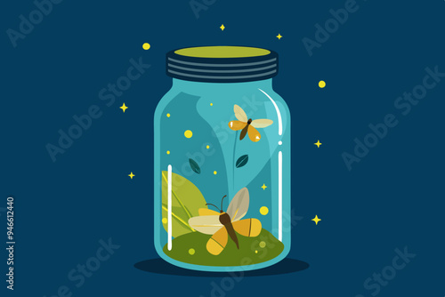 Jar of fireflies clipart, isolated vector illustration.
