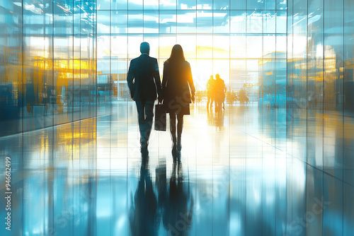 abstract illustration of a man and a woman seen from behind walking in an airport for a business trip