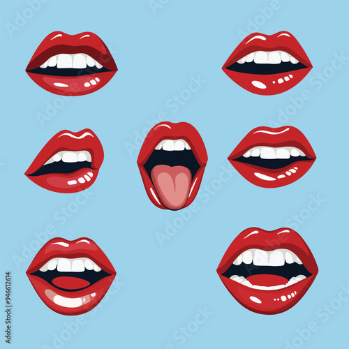 A flat, isolated illustration of various expressions made with red lips, showcasing different mouth poses such as smiling, sticking out the tongue, and talking.