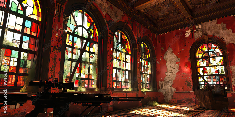 Obraz premium Crimson Cloister: A Sharpshooter's Den: A former convent with colorful stained glass windows, now serving as a hideout for outlaws seeking refuge.