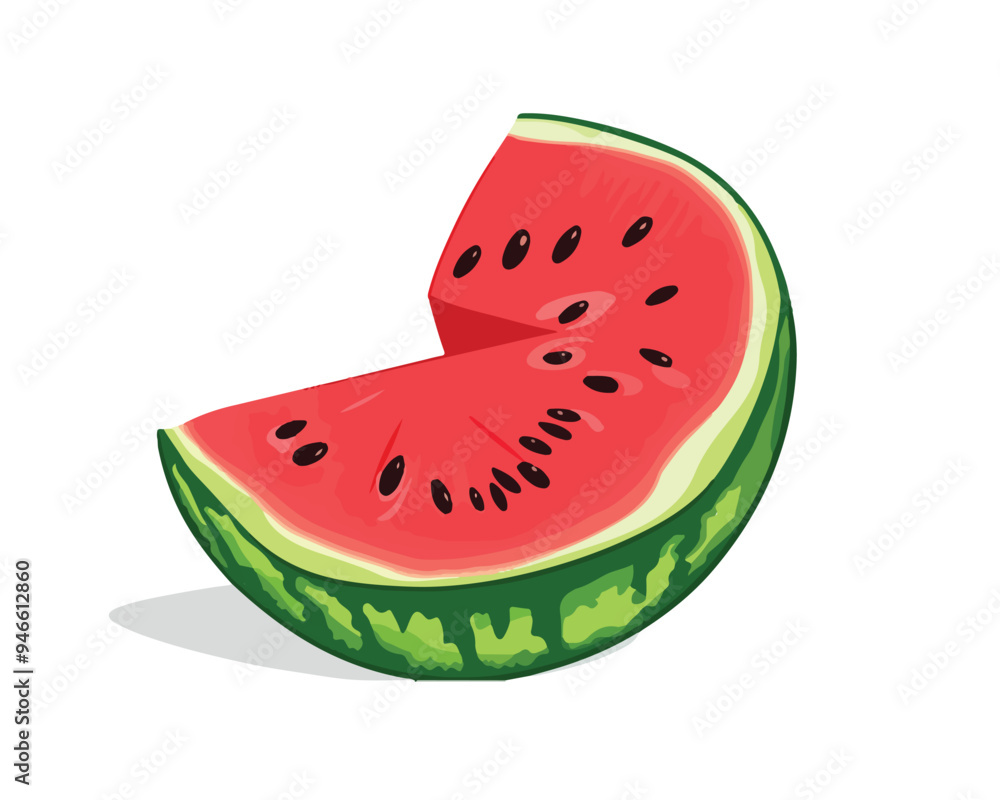 A flat vector illustration of a watermelon slice with a red interior, black seeds, and a green rind. A flat vector illustration of a watermelon slice with a red interior, black seeds, and a green rind.