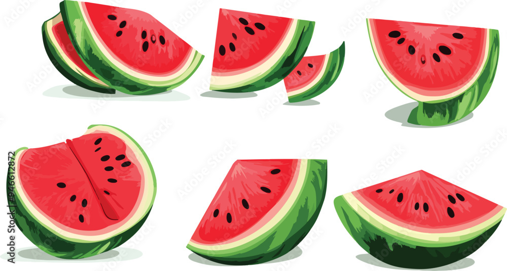 A flat vector illustration of various slices of watermelon arranged in different positions. Each slice is shown with vibrant red flesh, black seeds, and green rind. The watermelon slices vary in shape A flat vector illustration of various slices of watermelon arranged in different positions. Each slice is shown with vibrant red flesh, black seeds, and green rind. The watermelon slices vary in shape