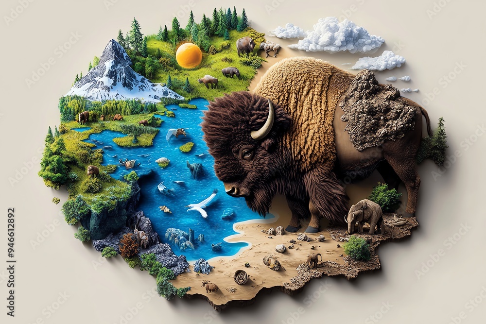 Bison as part of a larger ecosystem, illustrated with other wildlife ...