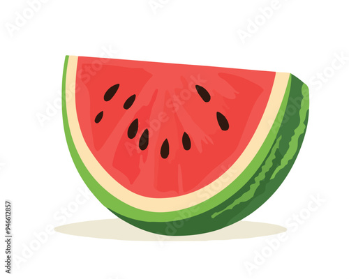 A flat vector illustration of a single slice of watermelon with a red interior, black seeds, and a green rind.