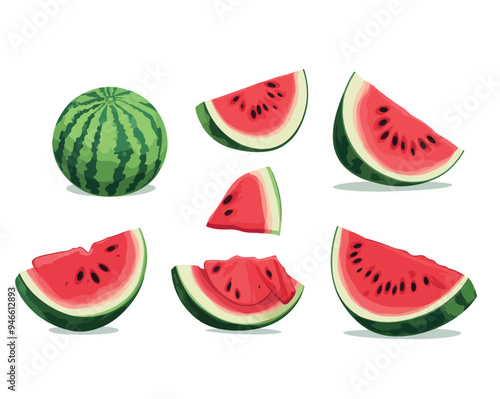 A flat vector illustration of a whole watermelon and several slices of watermelon, showing the red interior with black seeds and green rind.