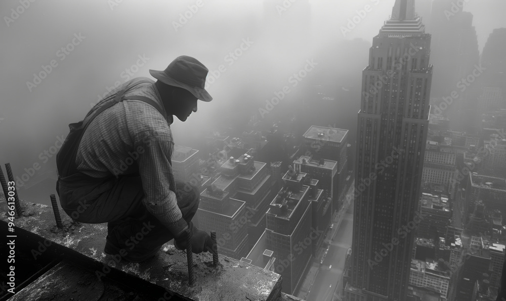 A construction worker surveys the horizon from a high-rise construction site on a foggy morning. A construction worker surveys the horizon from a high-rise construction site on a foggy morning.