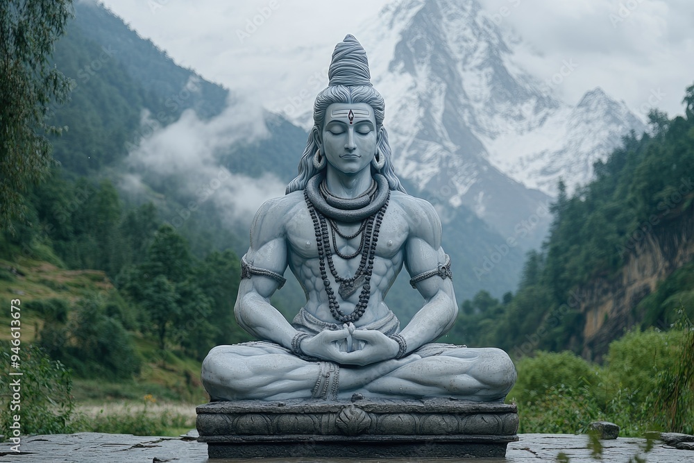 Lord shiva statue meditating with snowy mountain peak on background Lord shiva statue meditating with snowy mountain peak on background