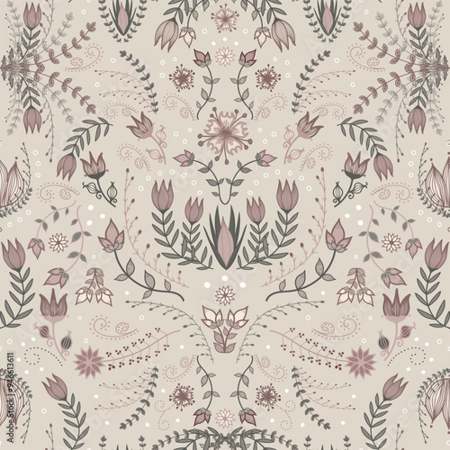 Elegant Scandinavian folk art floral pattern on antique beige with muted pastel pink and light green. Detailed, whimsical botanical illustration with symmetrical flower motifs. Dreamy and sophisticate