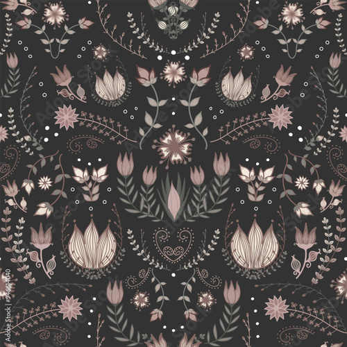 Gothic cottage-core floral pattern in blush pink on black. Elegant, detailed botanical design with whimsical Scandinavian folk art and sophisticated feel. Fairy-core hand-drawn symmetrical pattern.