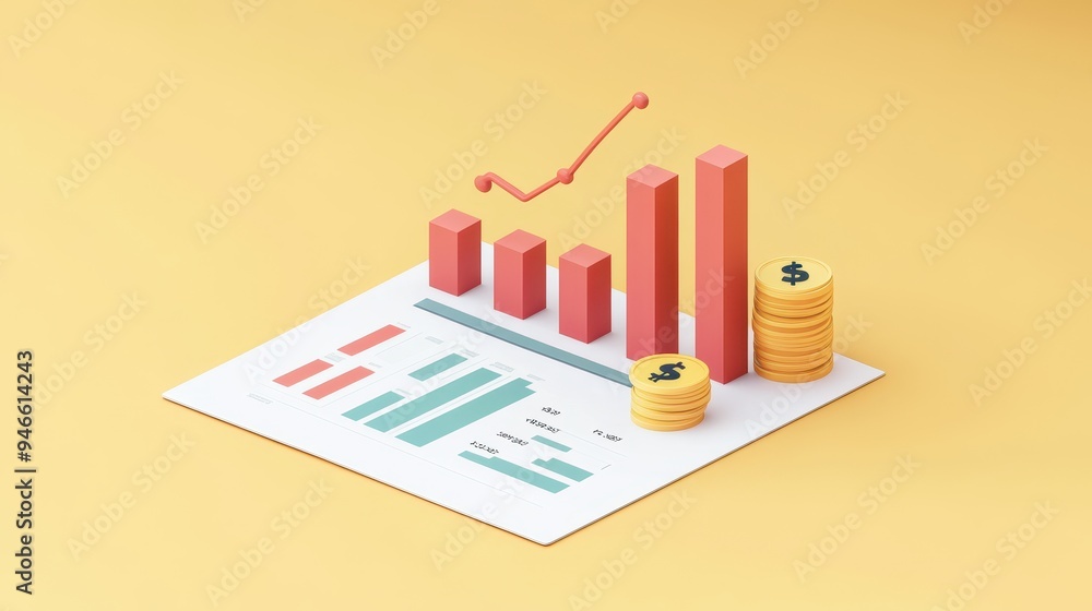A financial report design features a bar graph, coins, and an upward trend, illustrating economic growth and data analysis A financial report design features a bar graph, coins, and an upward trend, illustrating economic growth and data analysis
