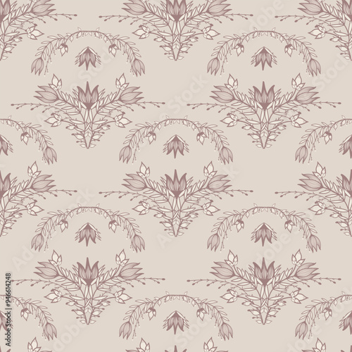 Seamless vintage Victorian floral pattern in dusty pink and faded burgundy on beige. Elegant Art Deco and botanical motifs with symmetrical arches, blend nature's beauty with sophisticated aesthetics.