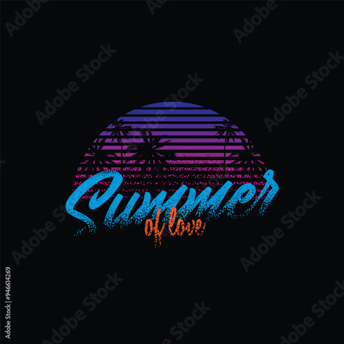 Original vector illustration in vintage style isolated on black background. Bright design in the spirit of the 80-90 years. Beach landscape. Palm trees on the background of the sea.