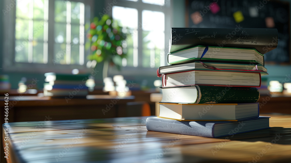 Stack of Books on Classroom Desk in Sunlit Room Stack of Books on Classroom Desk in Sunlit Room