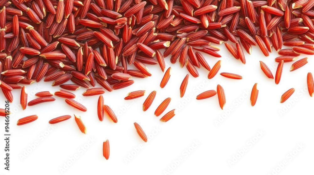 Close-up of red rice grains spread out evenly on a white background, showcasing their vibrant color and natural texture, no people. Close-up of red rice grains spread out evenly on a white background, showcasing their vibrant color and natural texture, no people.