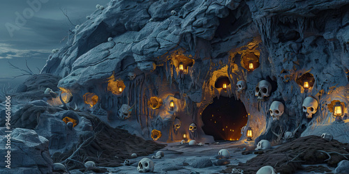 Hollowed Hideout: A secret underground lair carved into a rocky outcrop, illuminated by flickering lanterns and adorned with animal skulls. photo