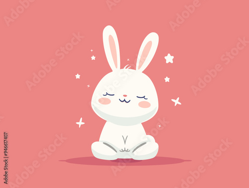 Cute cartoon bunny sitting in lotus position. Vector illustration.