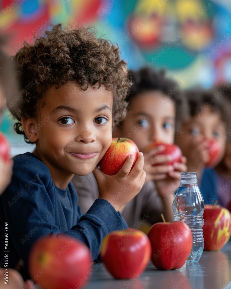 Fototapeta premium A young boy smiles as he holds a red apple. AI.