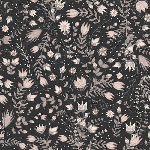 Floral Scandinavian boho pattern with delicate motifs in pastel pink and green on black. Cottage-core whimsical design with intricate details. Sophisticated romantic art in cute fantasy style.