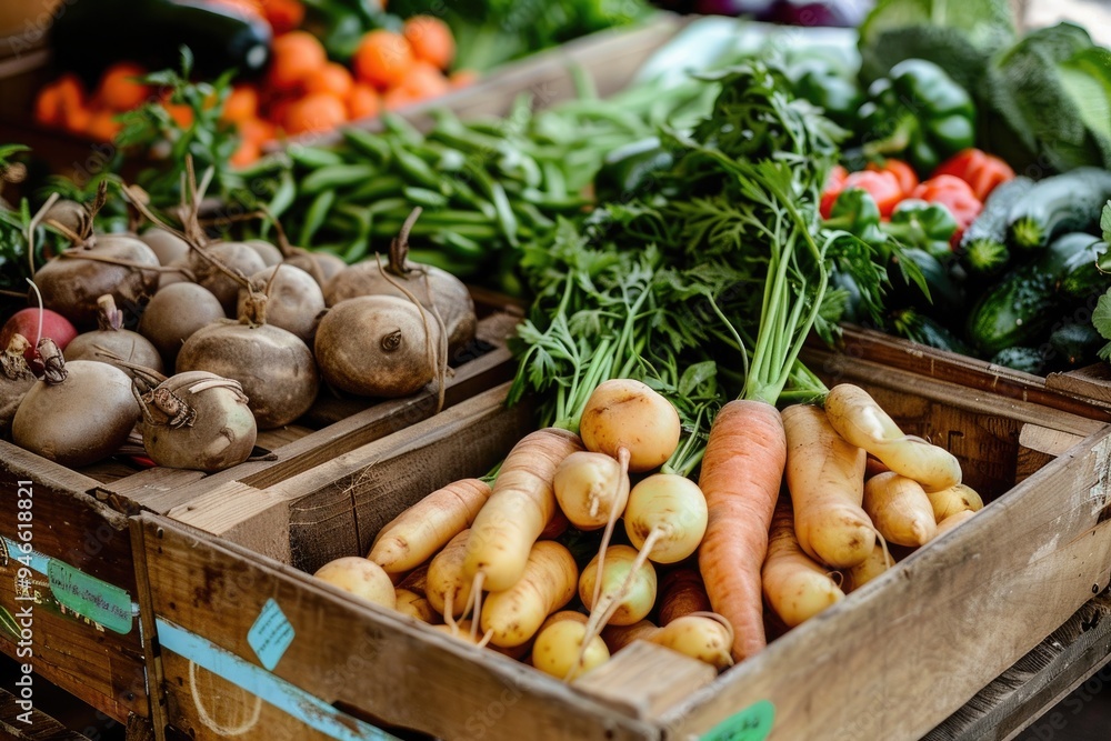 Fresh organic vegetables displayed at a farmers market Fresh organic vegetables displayed at a farmers market